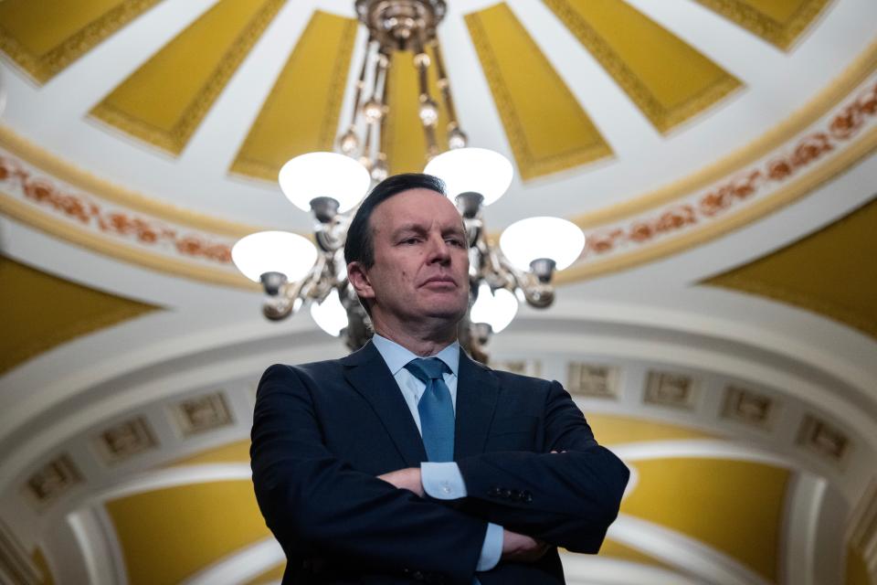 Sen. Chris Murphy, D-Conn., waits to speak during a news conference following a closed-door lunch meeting with Senate Democrats at the U.S. Capitol January 17, 2024 in Washington, DC.