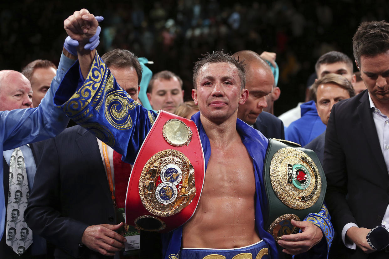 Gennadiy Golovkin after defeating Sergiy Derevyanchenko in a unanimous decision in their IBF middleweight championship title bout at Madison Square Garden in New York on Saturday, Oct. 5, 2019. (AP Photo/Rich Schultz)