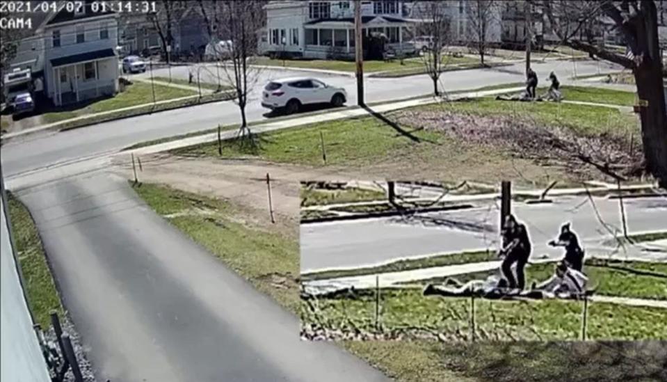 A security camera mounted to the side of a house at 44 River St. in Oneonta captured the fatal shooting of Tyler Green, 23, by Oneonta Police Sgt. Ralph Pajerski on April 6, 2021.