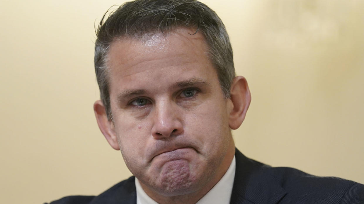 Rep. Adam Kinzinger, R-Ill., pauses as he speaks during the House select committee hearing on the Jan. 6 attack on Capitol Hill in Washington, Tuesday, July 27, 2021. (Andrew Harnik/Pool via AP)