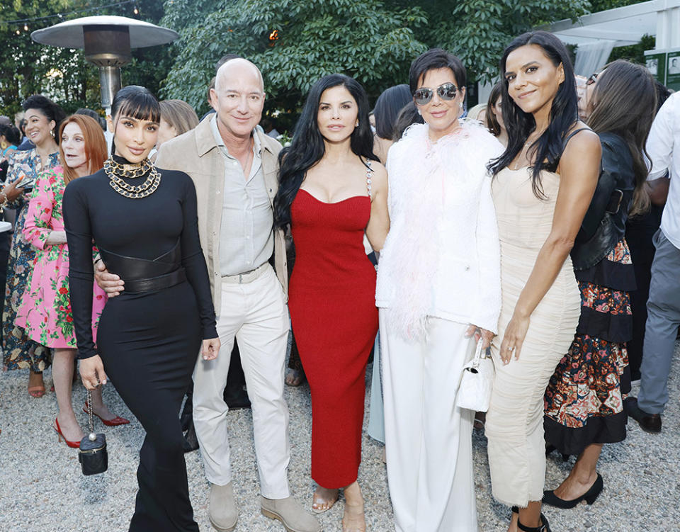 (L-R) Kim Kardashian, Jeff Bezos, Lauren Sánchez, Kris Jenner, and Elsa Marie Collins, co-founder of This Is About Humanity, attend the TIAH 5th Anniversary Soiree at Private Residence on August 26, 2023 in Los Angeles, California.