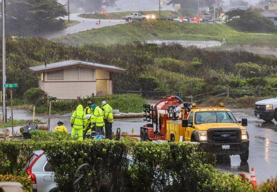 SoCalGas crews respond to an undermined gas line at Old Creek in Cayucos on Tuesday, March 14, 2023.