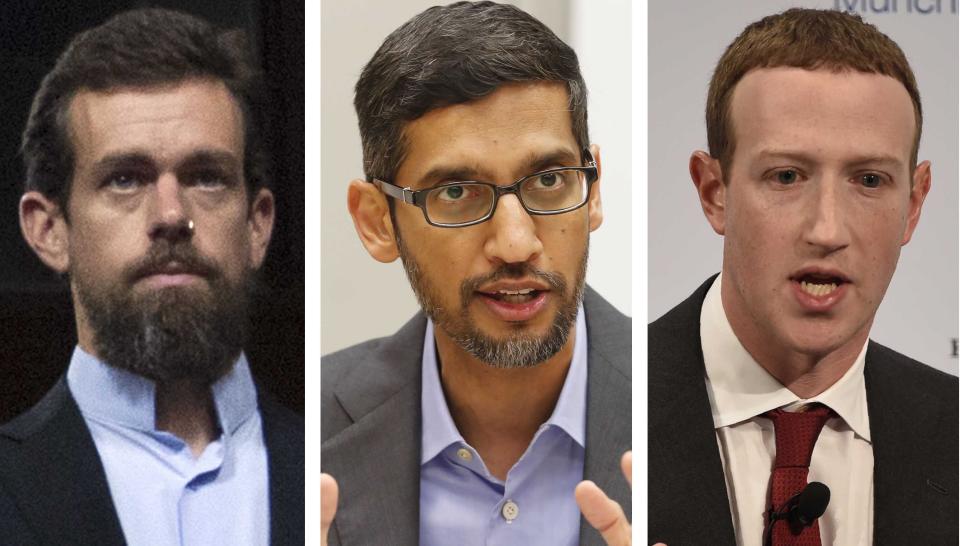 This combination of photos shows from left, Twitter CEO Jack Dorsey, Google CEO Sundar Pichai, and Facebook CEO Mark Zuckerberg. After an angry mob of President Donald Trump supporters took control of the U.S. Capitol in a violent insurrection, Selena Gomez laid much of the blame at the feet of Big Tech. It’s the latest effort by the 28-year-old actress-singer to draw attention to the danger of internet companies critics say have profited from misinformation and hate on their platforms.(AP Photo/Jose Luis Magana, LM Otero, Jens Meyer)