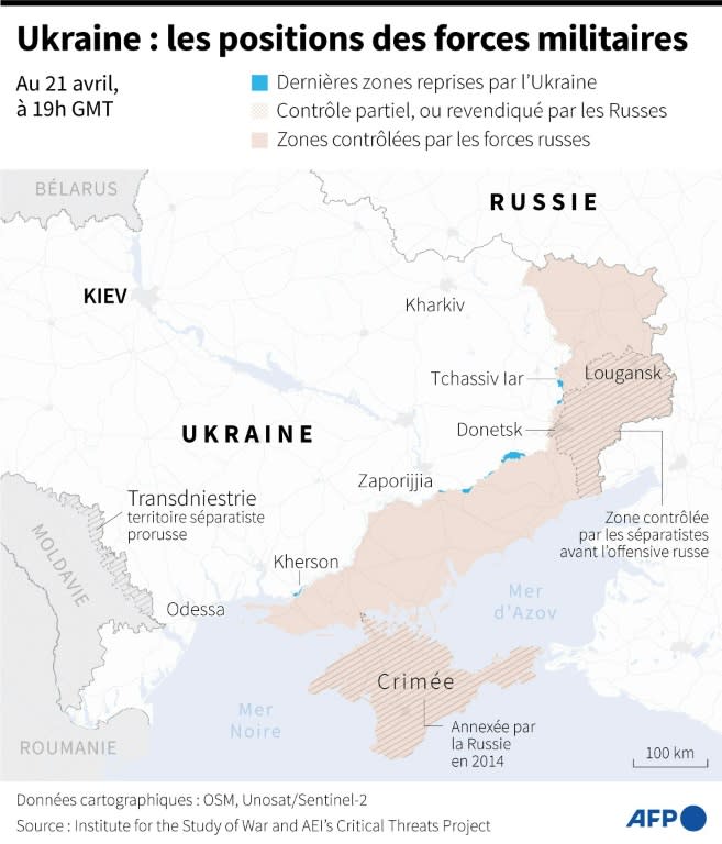 Carte des zones contrôlées par les forces ukrainiennes et russes en Ukraine au 21 avril 2024 à 19h GMT (Valentin RAKOVSKY)