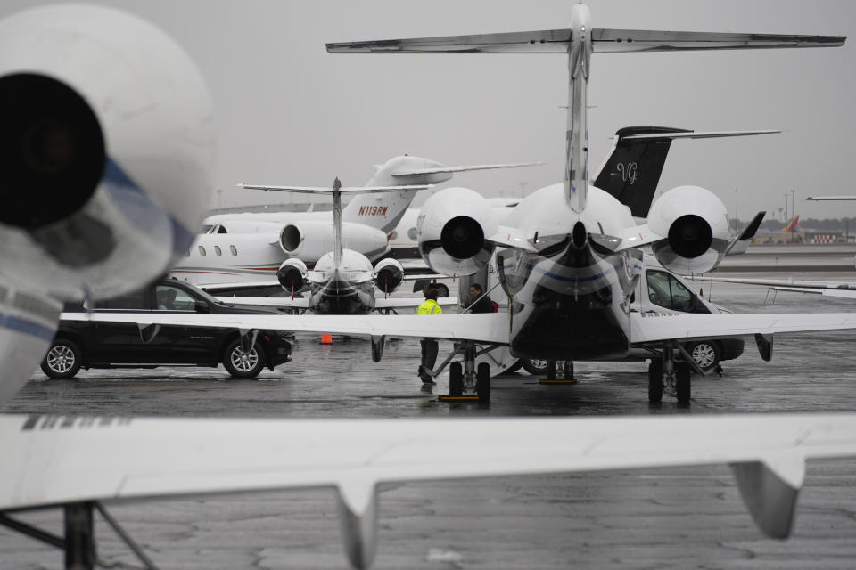 Planes are parked at a private jet terminal at Harry Reid International Airport ahead of the Super Bowl, Thursday, Feb. 1, 2024, in Las Vegas. Places to leave private aircraft at airports in and around Las Vegas has been spoken for, airport and Federal Aviation Administration officials said Thursday, Feb. 1, 2024. Just over a week remains before the Kansas City Chiefs and the San Francisco 49ers face off in the NFL championship game.(AP Photo/John Locher)