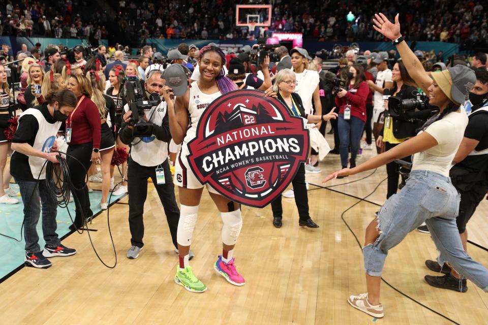 South Carolina star Aliyah Boston celebrates after leading the Gamecocks to a national championship.
