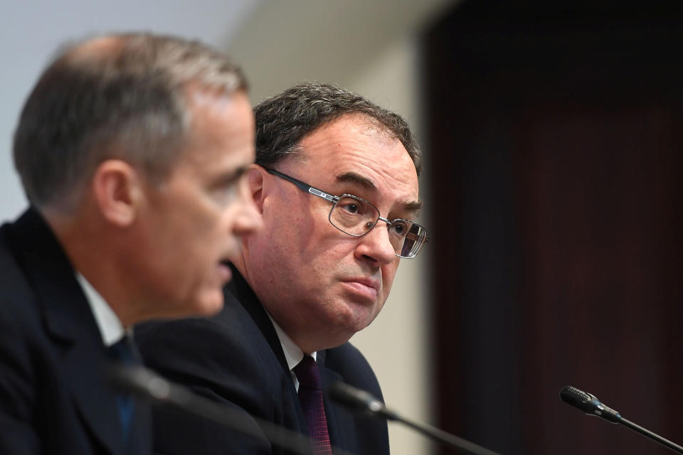 Mark Carney, Governor of Band of England and Andrew Bailey, Governor-designate of BOE, attend a news conference at Bank Of England in London, Britain March 11, 2020. Peter Summers/Pool via REUTERS