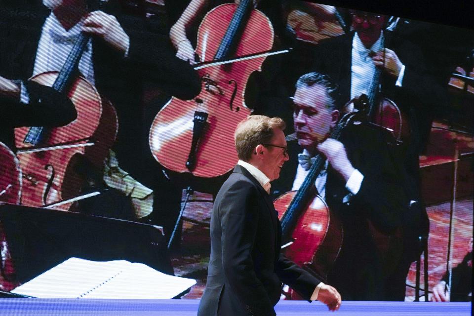 Maestro Daniel Harding, the new music director of Rome's Santa Cecilia orchestra, arrivers at a press conference on the occasion of his presentation to media in Rome, Monday, March 6, 2023. British conductor Daniel Harding was named Monday as music director of Rome’s Orchestra dell’Accademia di Santa Cecilia, starting in the fall of 2024. The 47-year-old conductor Harding, who has a second career as an Air France pilot, had an unusually young start as a conductor, and will arrive at the Santa Cecilia orchestra after 17 years as the principal conductor of the Swedish Radio Symphony Orchestra.(AP Photo/Gregorio Borgia)