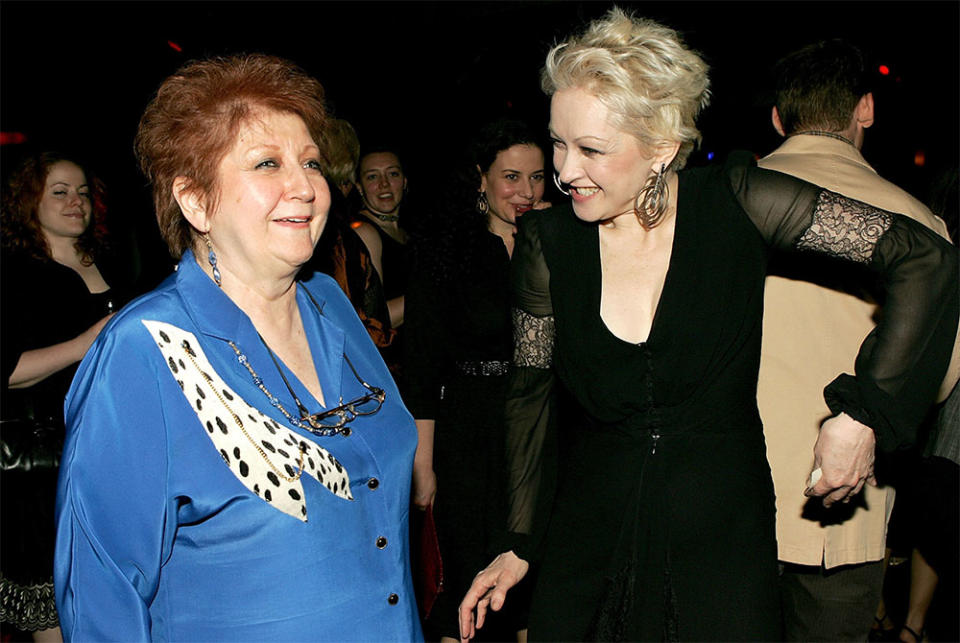 Singer Cyndi Lauper and her mother Catrine dance at the opening night afterparty of the Roundabout Theatre Company's Broadway production of "The Threepenny Opera" at the Roxy April 20, 2006 in New York City.