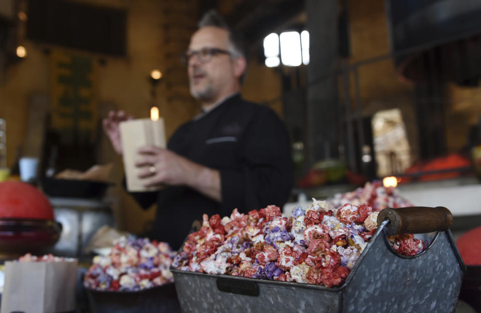Flavored popcorn from Kat Saka's Kettle is pictured as John D. State, culinary director of Disneyland Resort, discusses Star Wars: Galaxy's Edge food options during the media preview for the new land at Disneyland Park, Wednesday, May 29, 2019, in Anaheim, Calif. (Photo by Chris Pizzello/Invision/AP)