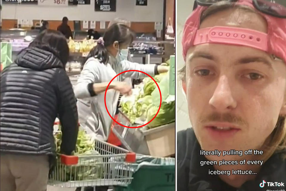 Stills from TikTok video showing two women taking leaves off heads of lettuce in Coles; Man in pink cap filming himself