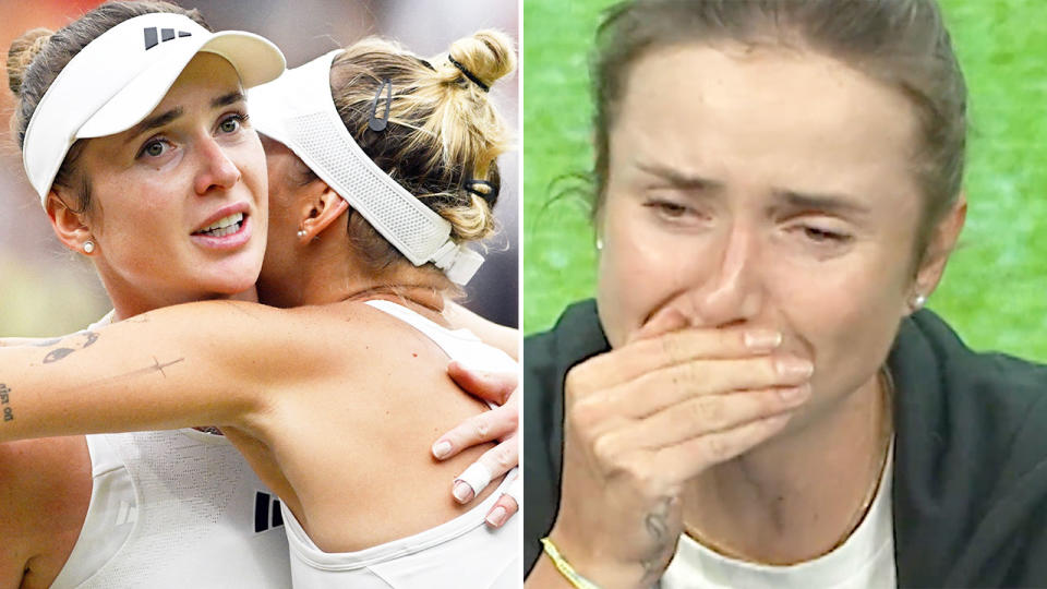Pictured right, Elina Svitolina is reduced to tears after her Wimbledon semi-final defeat. 