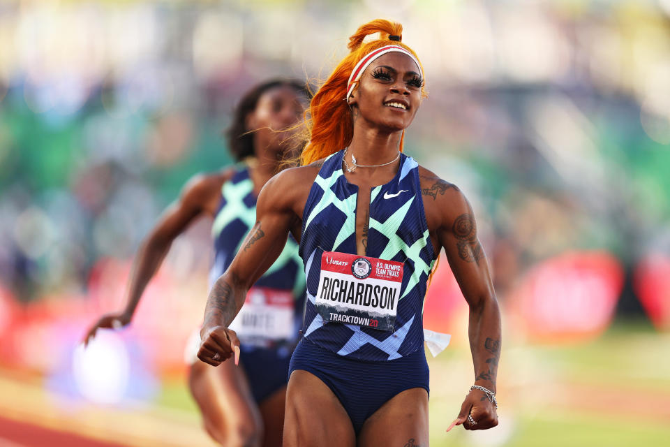 Image: Sha'Carri Richardson runs in the Women's 100 Meter semifinal on day 2 of the 2020 U.S. Olympic Track and Field Team Trials at Hayward Field on June 19, 2021 in Eugene, Ore. (Patrick Smith / Getty Images file)