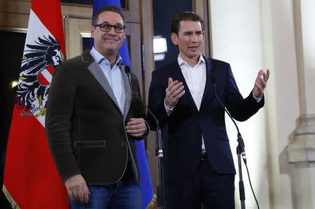 Head of the Freedom Party (FPOe) Heinz-Christian Strache (L) and head of the People's Party (OeVP) Sebastian Kurz address a news conference in Vienna, Austria, December 15, 2017. REUTERS/Leonhard Foeger