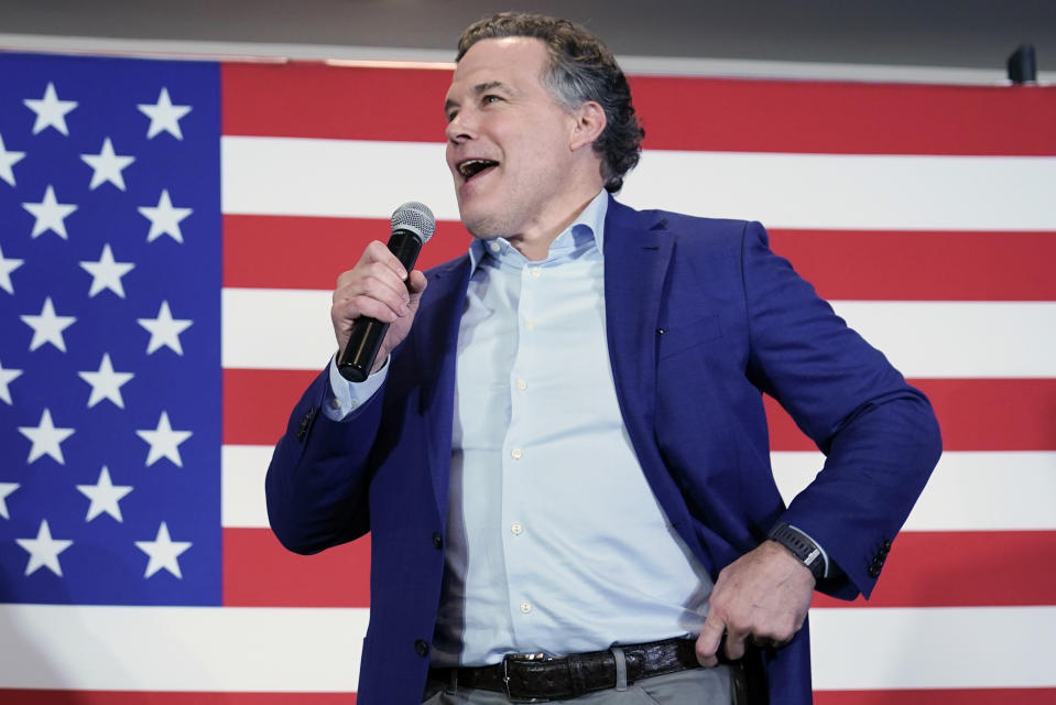 Republican candidate for Pennsylvania U.S. Senate Dave McCormick talks to supporters as returns show a close race during his returns watch party in the Pennsylvania primary election, Tuesday, May 17, 2022, in Pittsburgh. (AP Photo/Keith Srakocic)