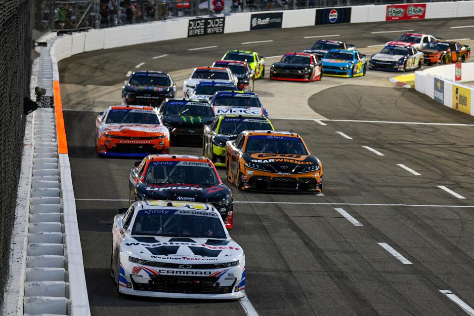 Shane van Gisbergen (97) leads a pack of cars at Martinsville during an Xfinity Series race on Saturday night.