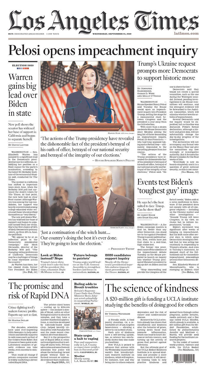 Pelosi opens impeachment inquiry Los Angeles Times Published in Los Angeles, Calif. USA. (newseum.org)