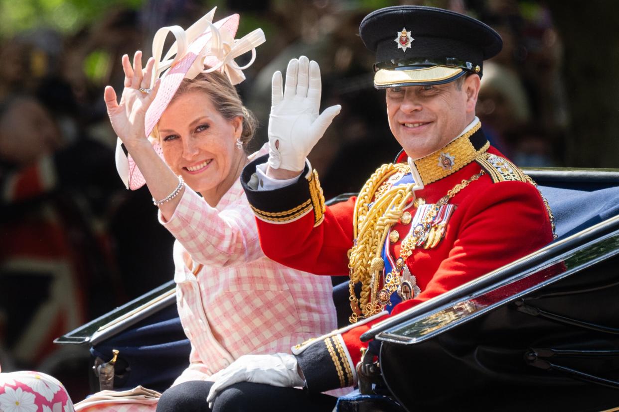 Prince Edward, Earl of Wessex and Sophie, Countess of Wessex ride in a carriage during Trooping The Colour, the Queen's annual birthday parade, on June 02, 2022 in London, England.Trooping The Colour, also known as The Queen's Birthday Parade, is a military ceremony performed by regiments of the British Army that has taken place since the mid-17th century. It marks the official birthday of the British Sovereign. This year, from June 2 to June 5, 2022, there is the added celebration of the Platinum Jubilee of Elizabeth II in the UK and Commonwealth to mark the 70th anniversary of her accession to the throne on 6 February 1952.
