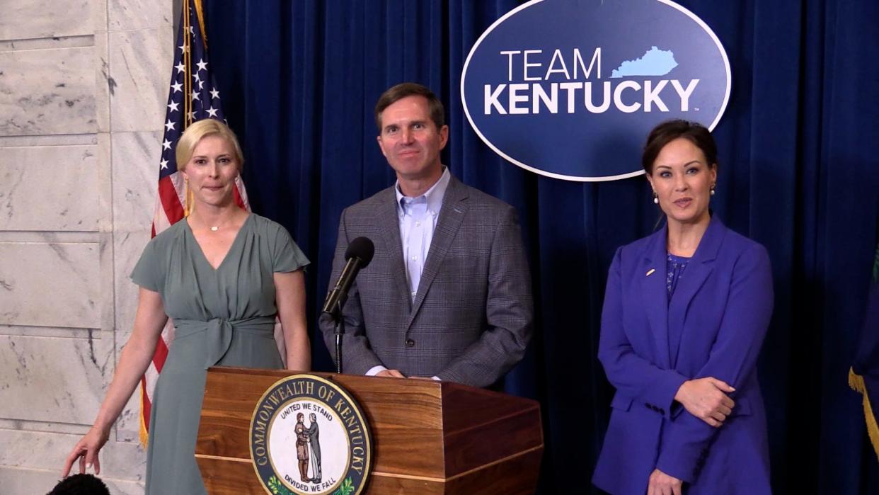 Gov. Andy Beshear spoke to the media in the aftermath of his election win over Daniel Cameron on Wednesday afternoon The Governor was joined by First Lady Britainy Beshear and Lieutenant Governor Jacqueline Coleman. Nov. 8, 2023