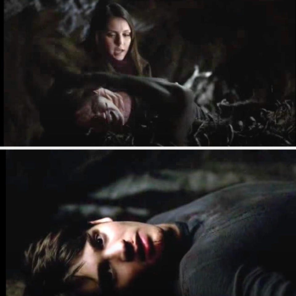 Katherine pushes Jeremy's neck to Silas, and he falls down dead.