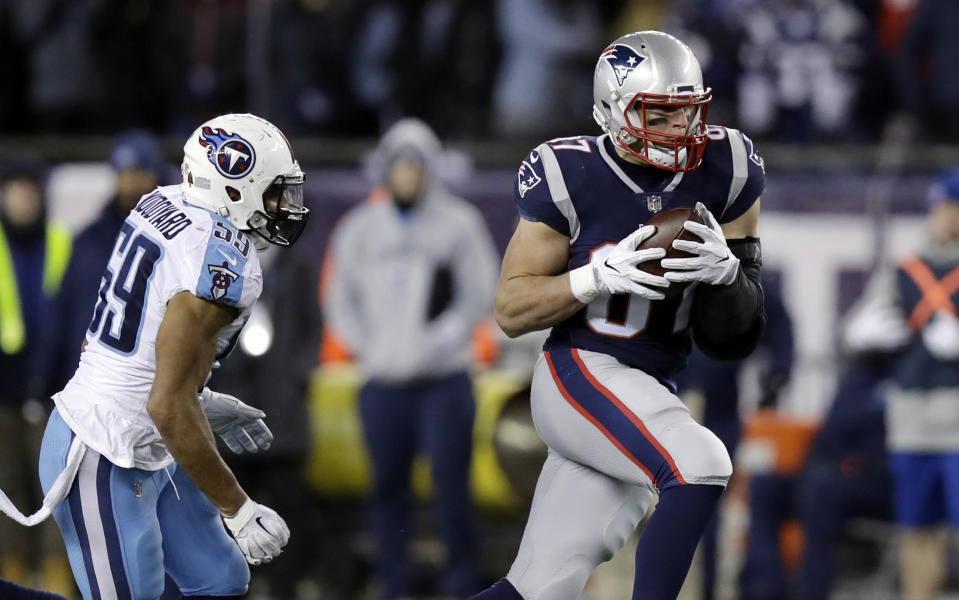 Rob Gronkowski caught six passes for 81 yards and a touchdown last week against the Titans. (AP) 
