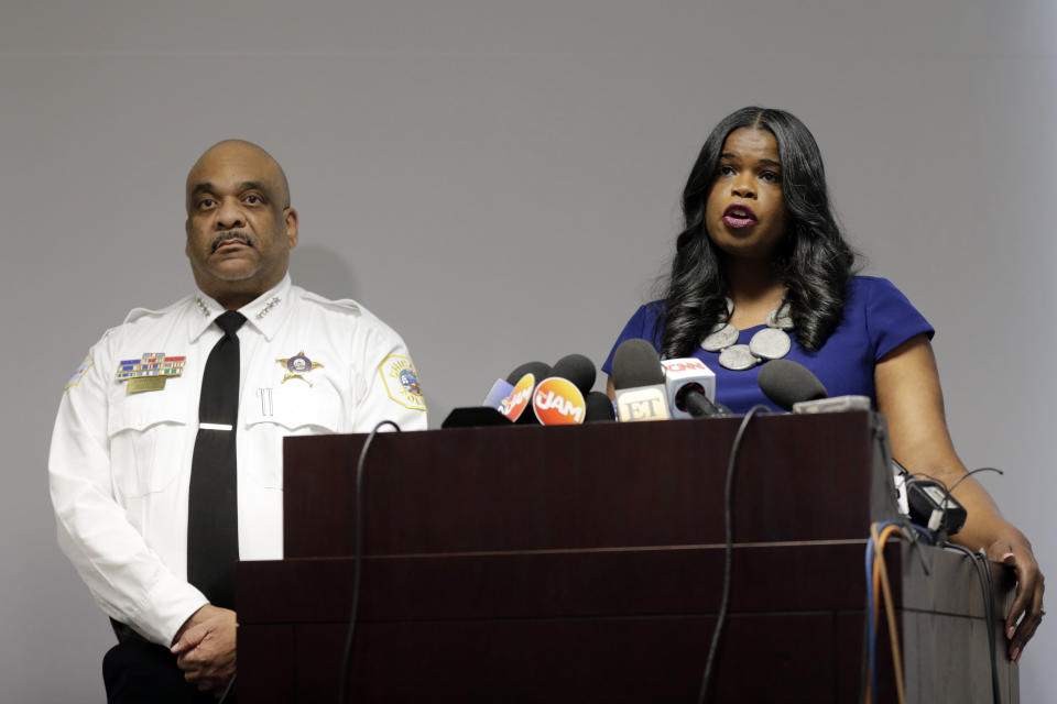 FILE - In this Feb. 22, 2019, file photo, Cook County State's Attorney Kim Foxx, right, speaks at a news conference as Chicago Police Superintendent Eddie Johnson listens in Chicago. The outrage was swift and overwhelming: How could prosecutors in Chicago drop charges against former "Empire" cast member Jussie Smollett for allegedly orchestrating a fake attack and allow him to wipe his record clean without so much as an apology? But for all of the public outrage, the Chicago Police Department and Cook County State's Attorney's Office insist their relationship is strong, even if they didn't agree on the outcome in Smollett's case. (AP Photo/Kiichiro Sato, File)