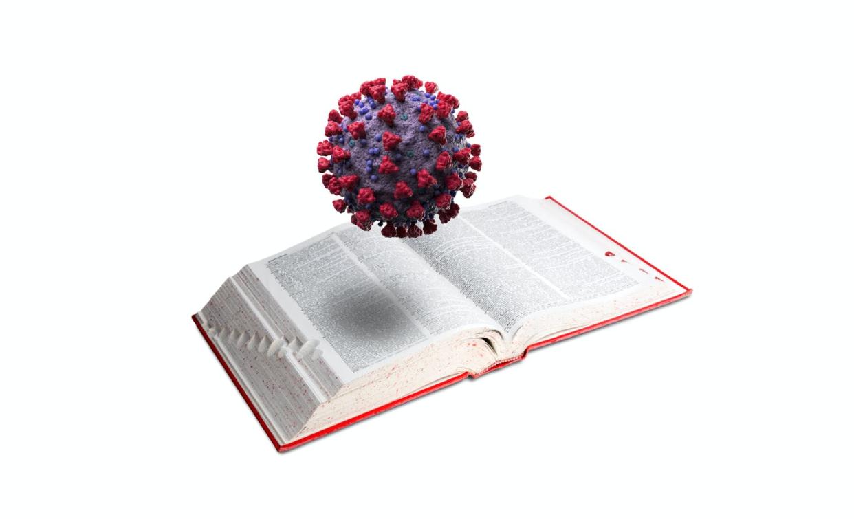 <span class="caption">The coronavirus forced the editors of the Oxford English Dictionary to break with tradition.</span> <span class="attribution"><span class="source">Illustration by Anurag Papolu/The Conversation; dictionary photo by Spauln via Getty Images and model of COVID-19 by fpm/iStock via Getty Images </span>, <a class="link " href="http://creativecommons.org/licenses/by-sa/4.0/" rel="nofollow noopener" target="_blank" data-ylk="slk:CC BY-SA;elm:context_link;itc:0;sec:content-canvas">CC BY-SA</a></span>