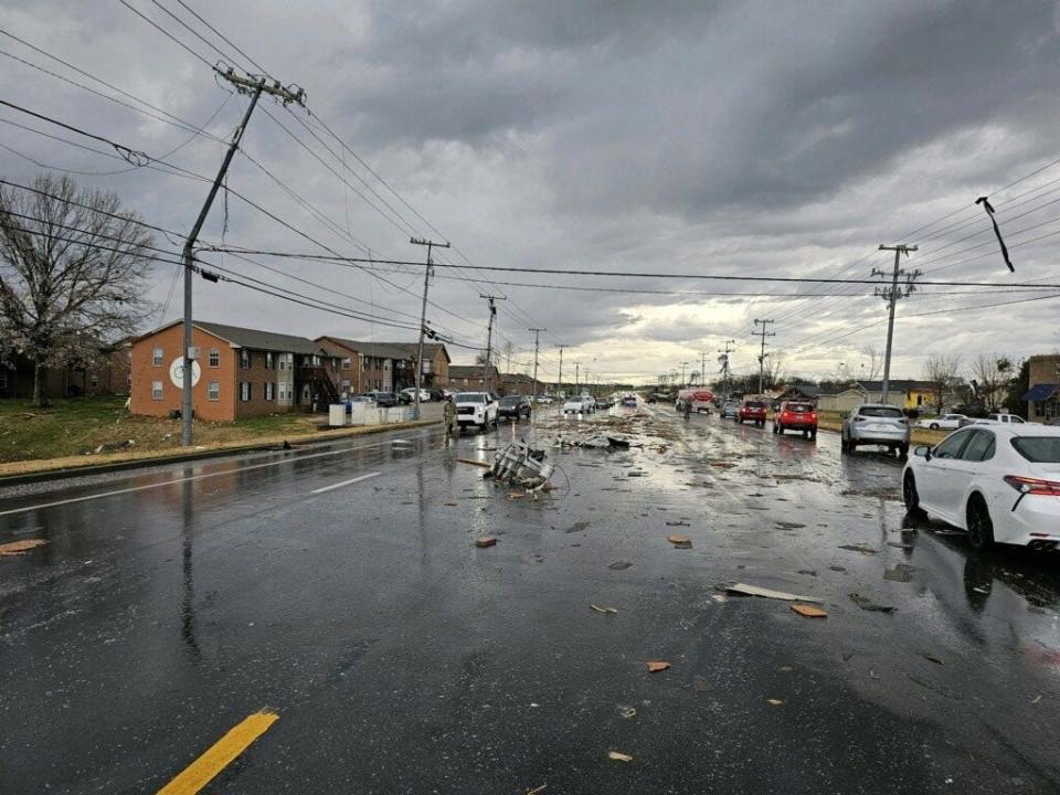 Destruction from a tornado that touched down on Saturday afternoon is seen on Tiny Town Road in Clarksville, Tennessee.