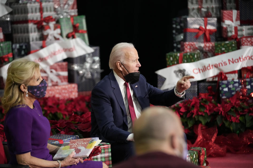 President Joe Biden speaks after first lady Jill Biden read "The Snowy Day" by Ezra Jack Keats at Children's National Hospital in Washington, Friday, Dec. 23, 2022. (AP Photo/Andrew Harnik)