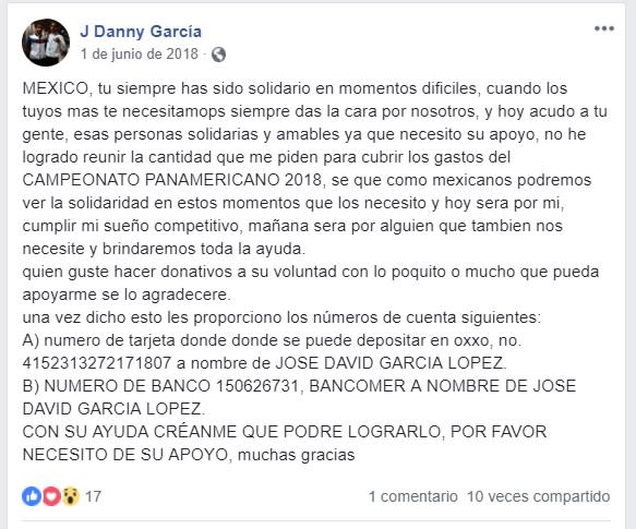 Publicación de José Daniel García López, en su cuenta de FB solicitando donativos para su participación en el Panamericano de Karate en Chile, en 2018. / Imagen: Captura de pantalla Facebook