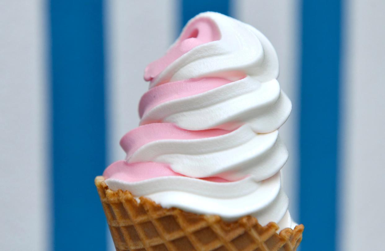 A strawberry and vanilla swirl soft serve cone from San Marco Dreamette, 1905 Hendricks Ave. in Jacksonville.