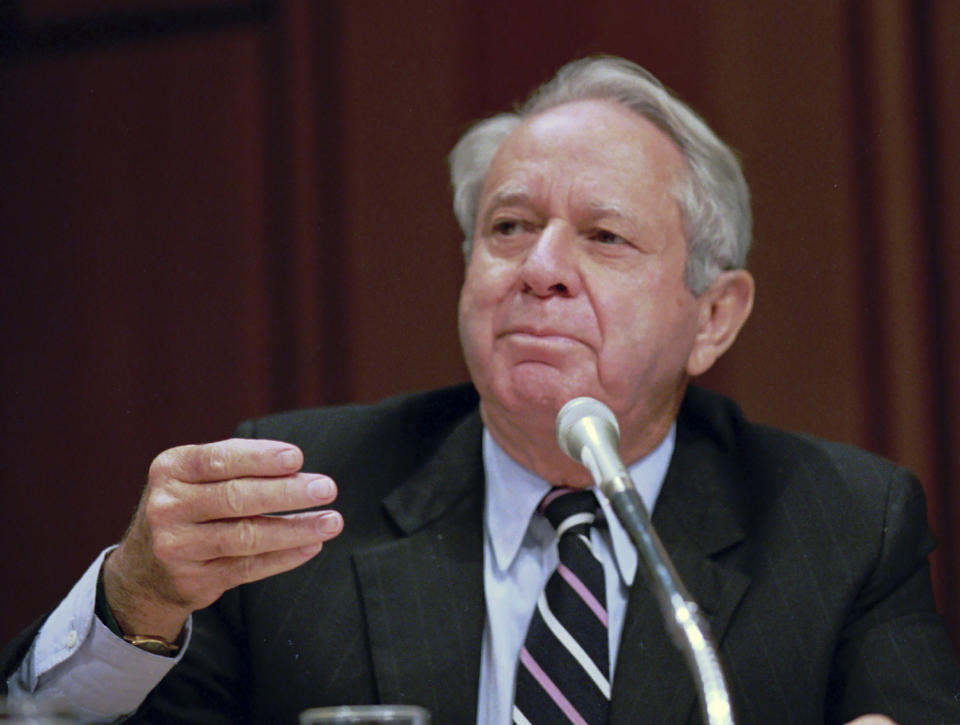 FILE -Sen. Lauch Faircloth, R-N.C., asks a question during a hearing of the Senate Whitewater Committee in Washington on July 25, 1995. Former U.S. Sen. Lauch Faircloth of North Carolina, a onetime conservative Democrat who switched late in his career to the Republicans and then got elected to Congress, died Thursday, Sept. 14, 2023. He was 95. (AP Photo/Joe Marquette, File)