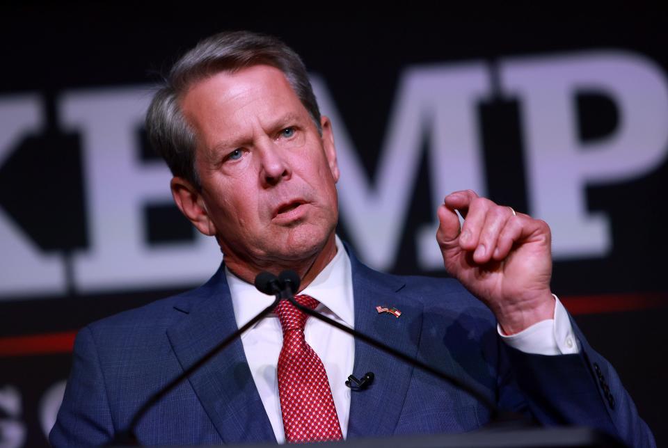 Republican gubernatorial candidate Gov. Brian Kemp speaks during his primary night election party at the Chick-fil-A College Football Hall of Fame on May 24, 2022 in Atlanta.