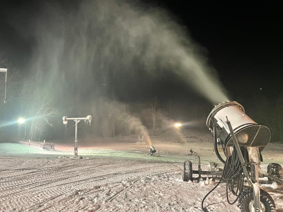 Snow-making guns at Swiss Valley Ski & Snowboard Area in Jones add snow to the slopes during the recent cold snap. Many of the guns were reconditioned last year, and a new underground water line installed this year will support adding more guns in future years.