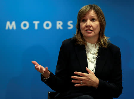 FILE PHOTO: General Motors Chairman and CEO Mary Barra speaks at GM's press conference at the North American International Auto Show in Detroit, Michigan, U.S., January 16, 2018. REUTERS/Rebecca Cook/File Photo