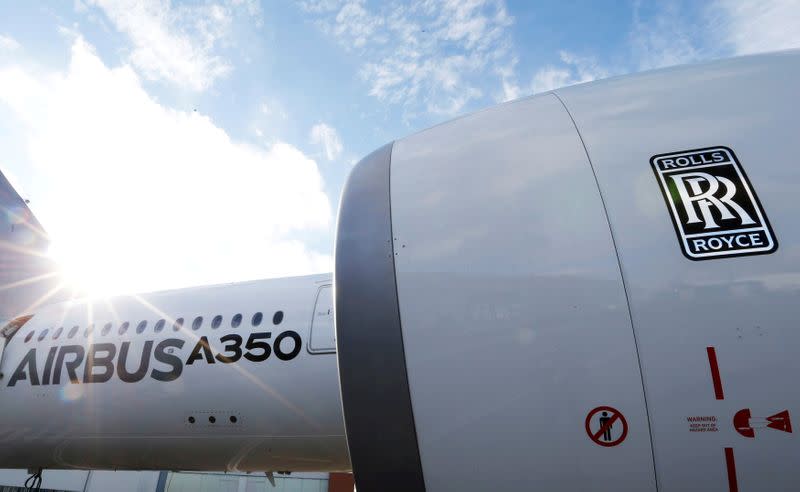 FILE PHOTO: An Airbus A350 with a Rolls-Royce logo at the Airbus headquarters in Toulouse