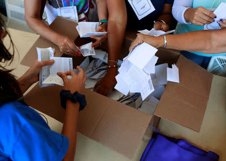 Opposition supporters count votes at a polling station after an unofficial plebiscite against President Nicolas Maduro's government and his plan to rewrite the constitution, in Caracas, Venezuela July 16, 2017. REUTERS/Marco Bello