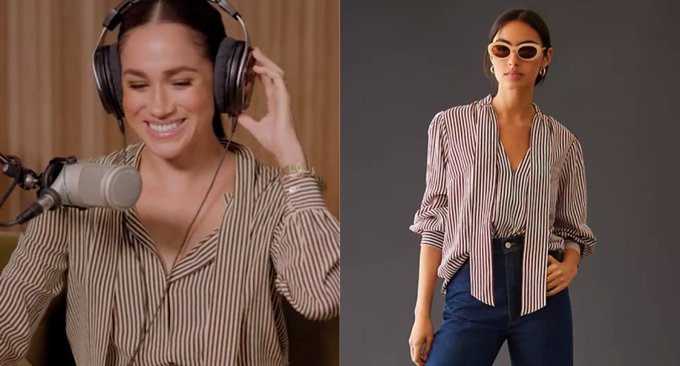 We found the perfect dupe for Meghan Markle's chic striped blouse. Images via Twitter/SpotifyPodcasts, Anthropologie.