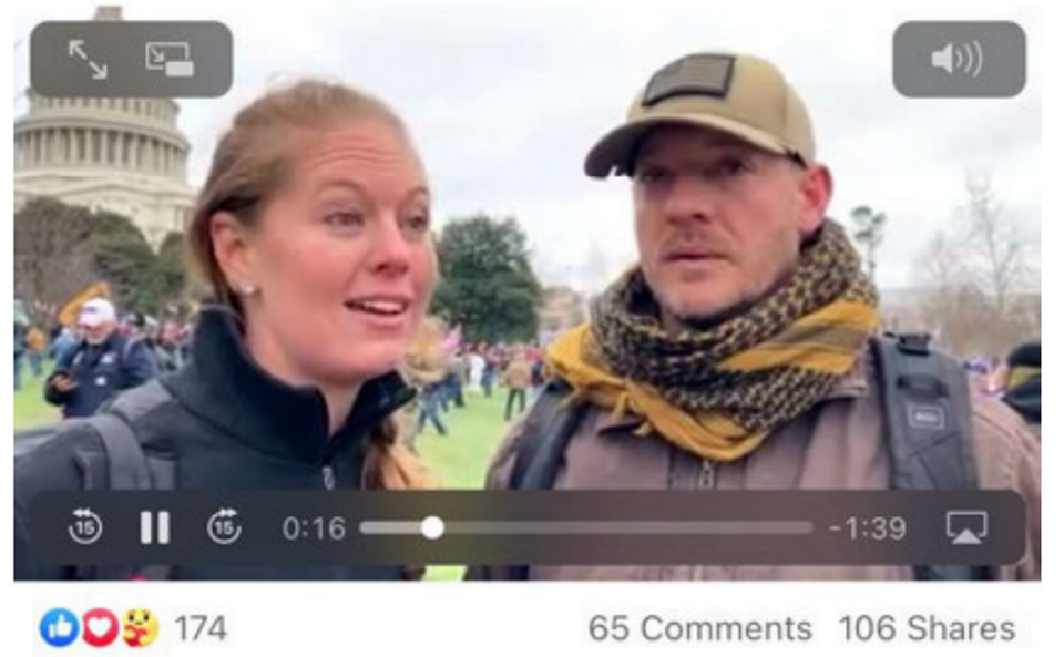 In this Facebook image included in an FBI document, Bradley Stuart Bennett and Elizabeth Rose Williams stand outside the U.S. Capitol on Jan. 6, 2021. Both have been charged in the assault on the building.