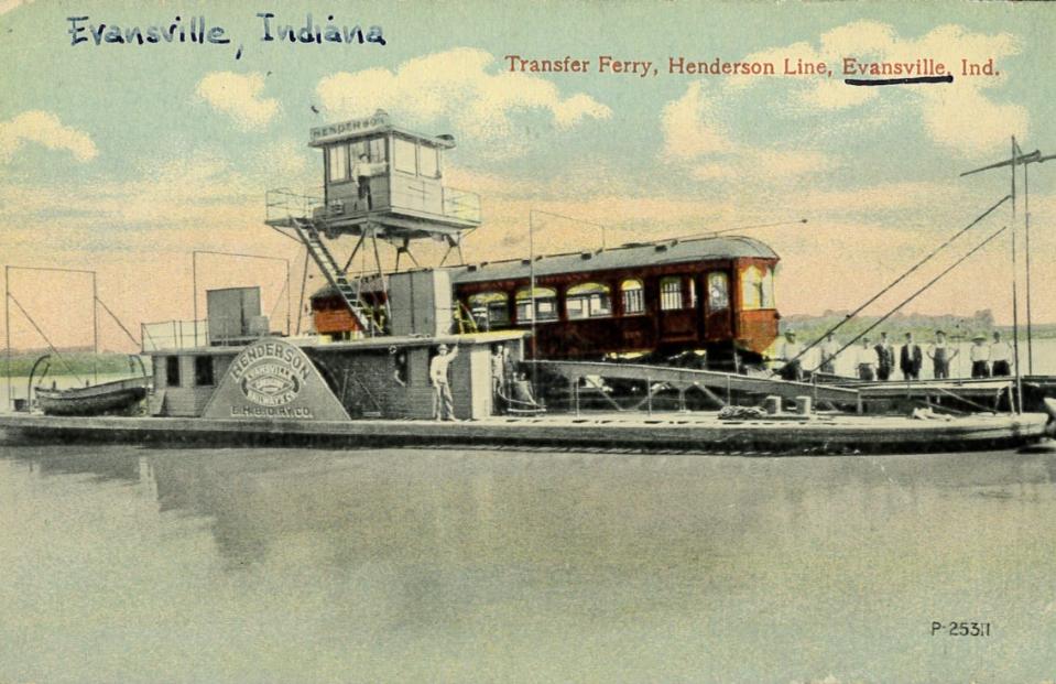 A postcard of the streetcar transfer ferry that once operated at the site of the current Twin Bridges. High winds blew it against the Kentucky shore Feb. 17, 1923, and about 30 passengers were stranded for about 10 hours. The ferry operated from July 28, 1912, to April 4, 1928, and was the only ferry of its type on the Ohio River.