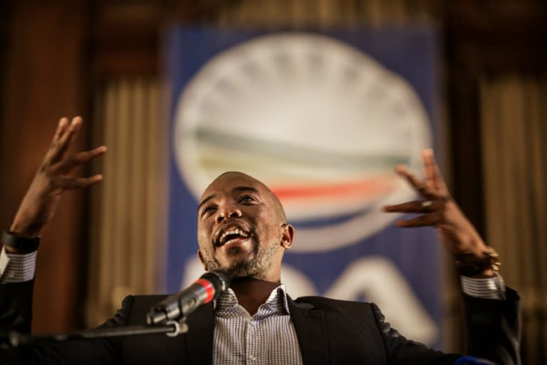 Mmusi Maimane, the leader of the South African Democratic Alliance opposition party addresses supporters during a rally at the Johannesburg City Hall on July 26, 2016