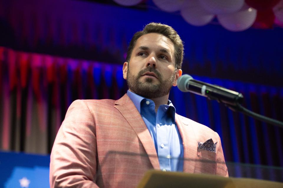 Mayor Scott Conger delivers a speech to supporters as the mayoral race heads to a runoff during the 2023 Jackson City Elections on May 2, 2023.