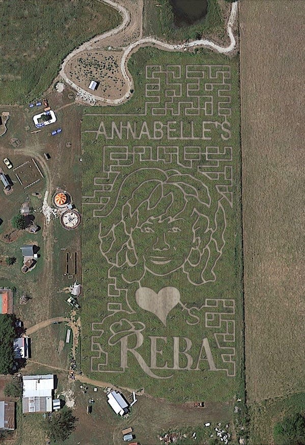 Annabelle’s Fun Farm, Welch, has a corn maze depicting Reba McEntire. She is partnering with farms across the country to promote her new book.