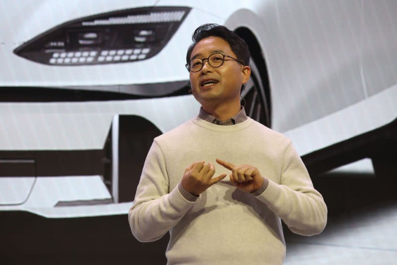 Haeyoung Kwon, Vice president and head of Infotainment Development Center, Hyundai Motor Group, addresses the media on stage during a press conference at the 2024 International CES at the Mandalay Bay Convention Center in Las Vegas on Monday. Photo by James Atoa/UPI