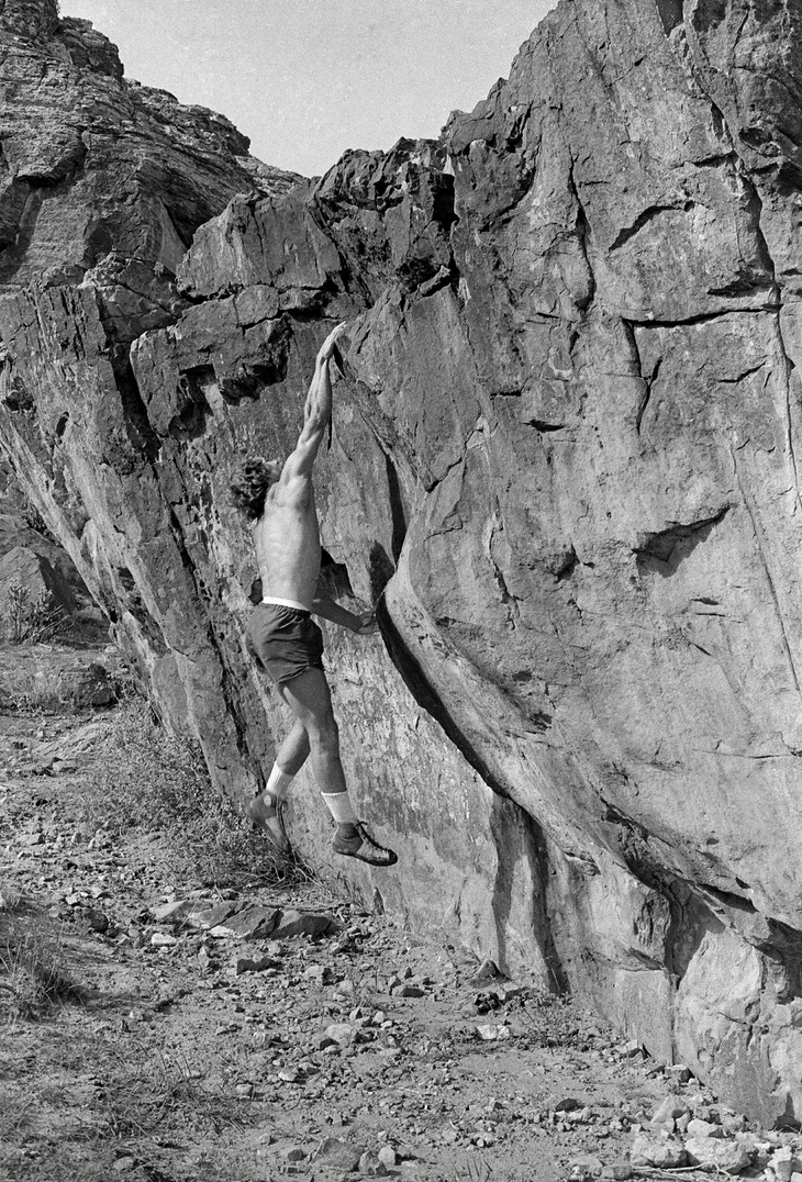 <div>One of several big dynamic sequences on the Penny Ante Boulder near Pueblo, Colorado. These and other Gill problems were stylistically similar, but markedly harder, then the fare at Ft. Collins, Flagstaff, El Dorado and Boulder Canyons, Split Rocks, Estes Park, etc.</div> <p>(Photo: John Long Collection)</p>