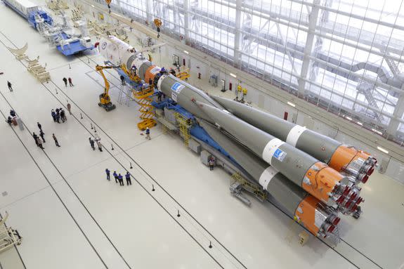A Soyuz rocket under construction in Jan. 2018. The four strapped-on boosters are at bottom.