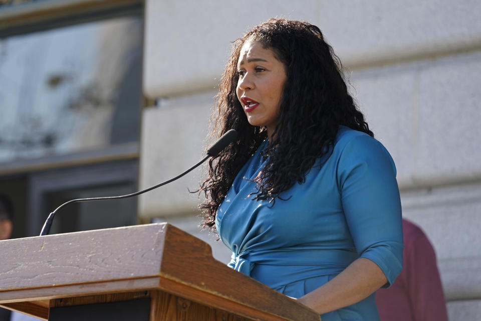 FILE - San Francisco Mayor London Breed talks during a briefing outside City Hall in San Francisco on Dec. 1, 2021. The San Francisco Board of Supervisors approved an emergency order the mayor wants to tackle an opioid epidemic in its troubled Tenderloin district. (AP Photo/Eric Risberg, File)