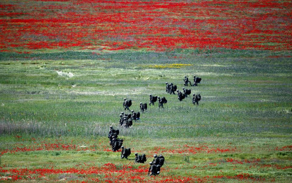 British troops take part in a military exercise at Krivolak army base, North Macedonia - OGNEN TEOFILOVSKI 