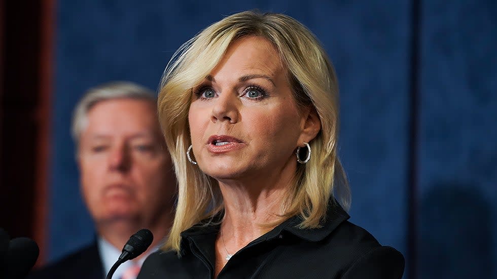 Former Fox News anchor Gretchen Carlson addresses reporters during a press conference on July 14 to discuss bipartisan legislation to end forced arbitration clauses.