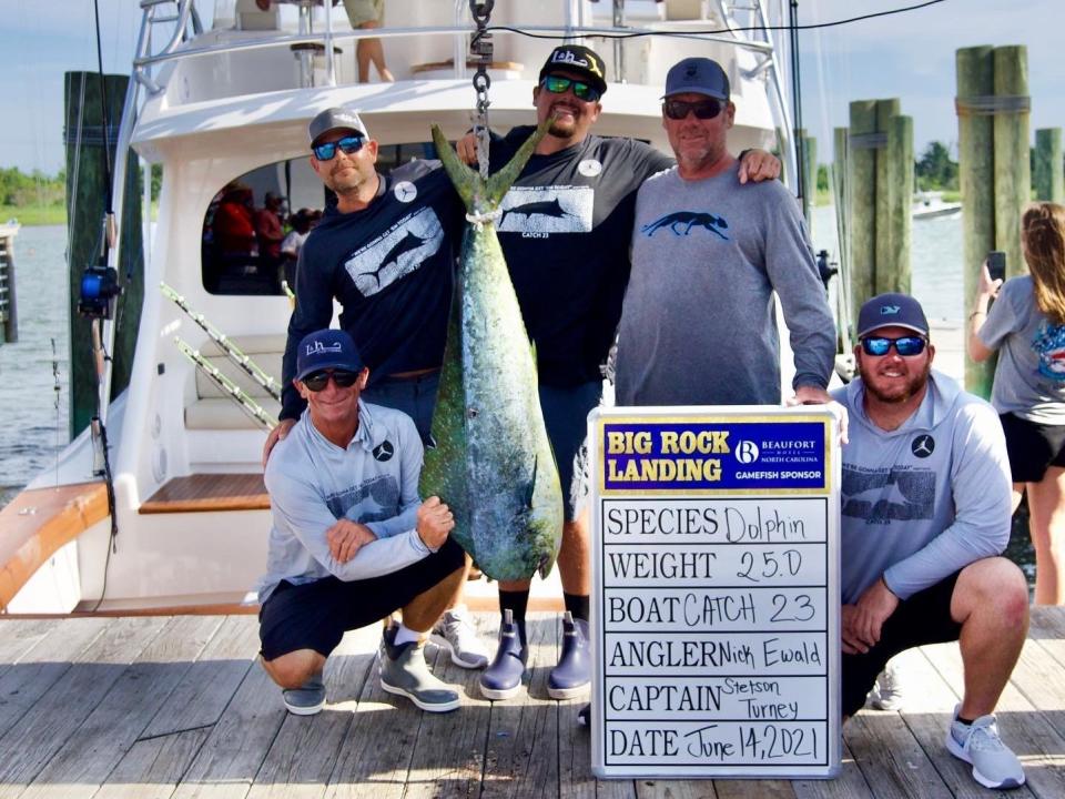 Michael Jordan's "Catch 23" crew poses with a 25-pound dolphin.